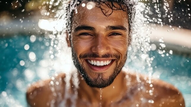Smiling man gets splashed with water at an outdoor pool