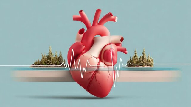 Healthy Heart Illustration: An intricate illustration showcases a vivid, anatomically correct heart with rhythmic waves, surrounded by miniature landscape elements symbolizing overall well-being.