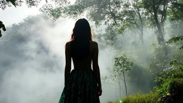 Earth goddess stands in a misty rainforest surrounded by lush greenery and ethereal light, Earth goddess in misty rainforest