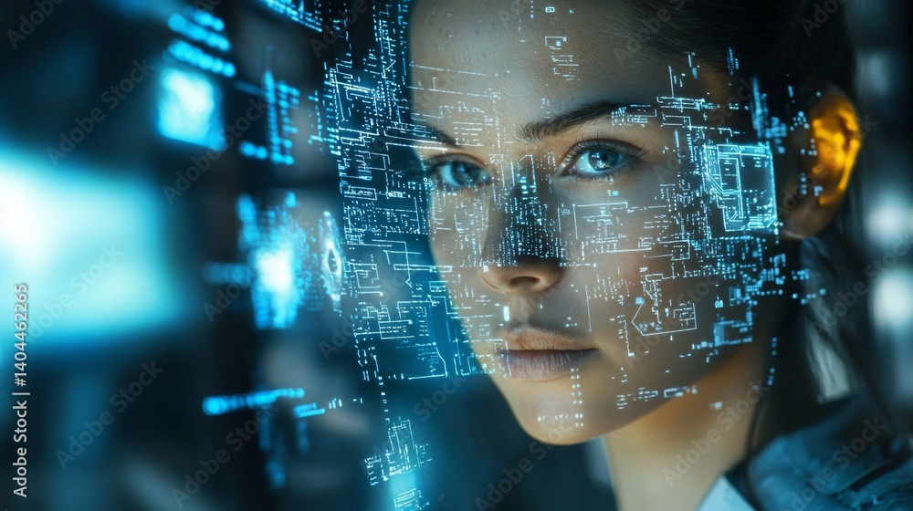 Poster exploring the intersection of cybersecurity and facial recognition in a futuristic atmosphere.
