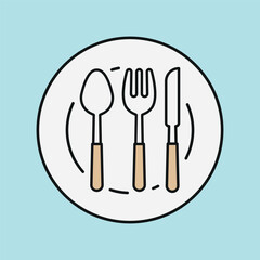 Spoon, fork, knife, and plate icon shows complete tableware set for meals, dining, and food service.