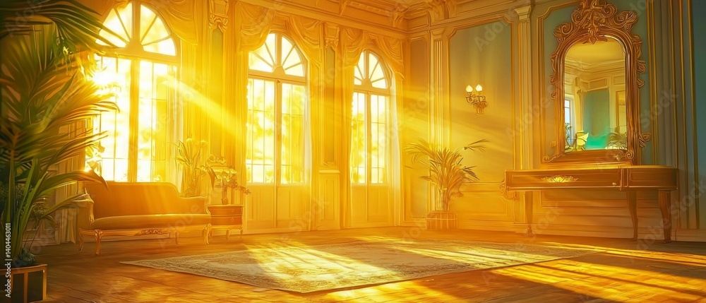 Poster creating an inviting atmosphere with sunlit serenity and timeless decor