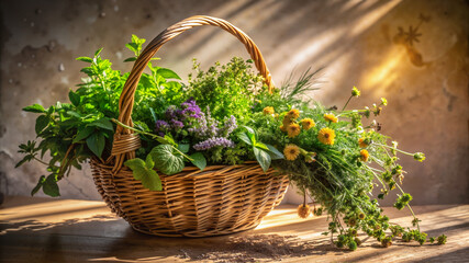 Basket of fresh herbs and flowers in rustic light on wooden table