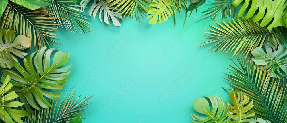 Poster lush palm leaves and floral patterns merge in a colorful display.
