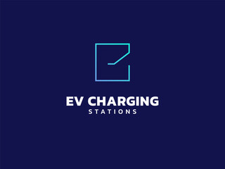 Electric vehicle charging with minimalist letter E square shapes logo vector design concept. Letter E logotype symbol for Electric Car, EV station, EV business, ui, website, clean energy, innovation.