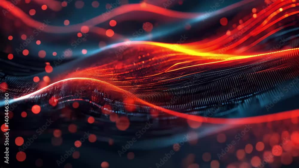Poster exploring abstract digital data flow with vibrant red and black waves showcasing intricate patterns,