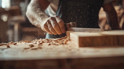 Carpenter cutting wood for custom furniture in a workshop. Featuring woodworking and craftsmanship