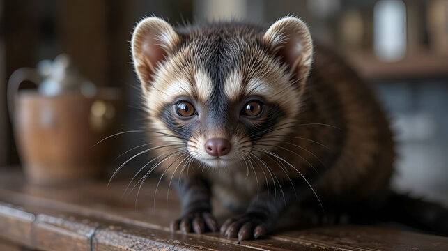 An Asian palm civet (Paradoxurus hermaphroditus) at a coffee shop in Indonesia. The Asian Palm Civet is used to make the world's most expensive coffee, Kopi Luwak.
