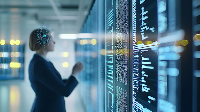 Businesswoman In Blue Suit Analyzes Data On Futuristic Interactive Digital Display In Modern Server Room With Neural Network Visualization