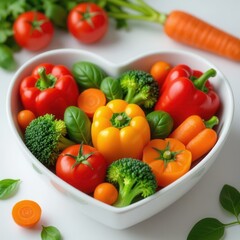 Plant-Based Diet. Colorful assortment of fresh vegetables in a heart-shaped bowl.