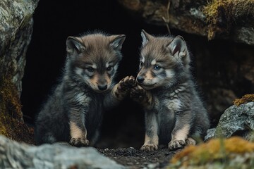 Two dire wolf pups playing together near rocky den entrance one pawing the other cute moment