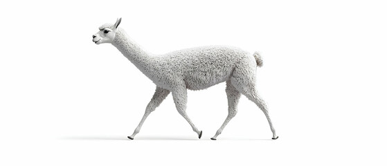 Obraz premium Full Body Side View Of A White Alpaca With Black Spots Walking On A White Background