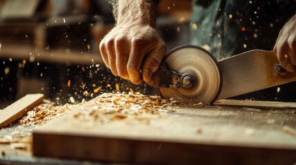 Carpenter cutting wood with a circular saw. Featuring power tools and precise cuts