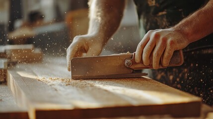 Carpenter cutting wood with a saw. Featuring woodworking and precision cutting