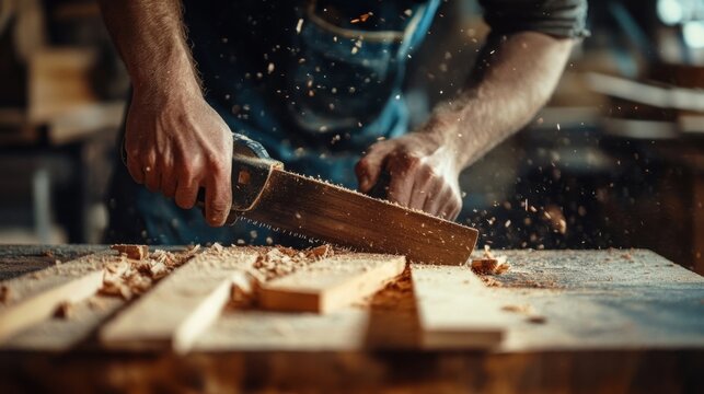 Carpenter cutting wood with a saw. Featuring woodworking and carpentry skills
