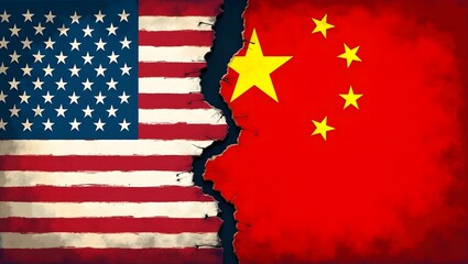 USA and China Torn Flags Symbolizing Political Division