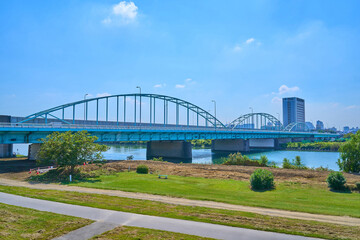 東京都大田区矢口から多摩川に架かる多摩川大橋と多摩川専用橋方面を見る