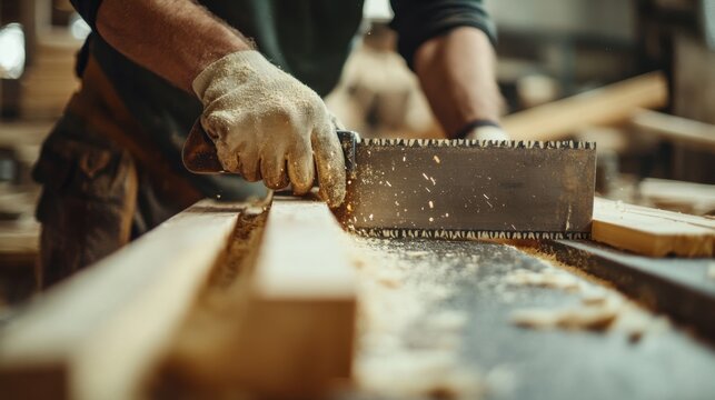 Carpenter cutting wood with a saw. Featuring woodworking and precision cutting