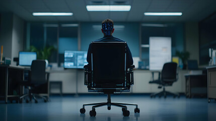Pixelated Man Sitting in Office Chair Facing Computer Screens in Dark Room