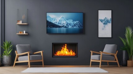 K smart TV mounted above a fireplace in a cozy living room setup
