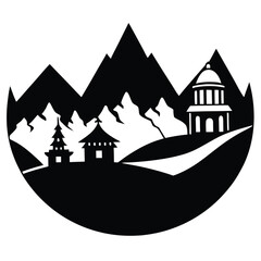 Black and White Silhouette: Mountain Landscape with Pagoda, Temple, and Dome Building. Minimalist Travel Icon Design.