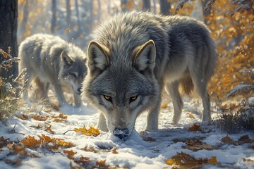 Young dire wolf licking snow while older wolves watch nearby snowy landscape