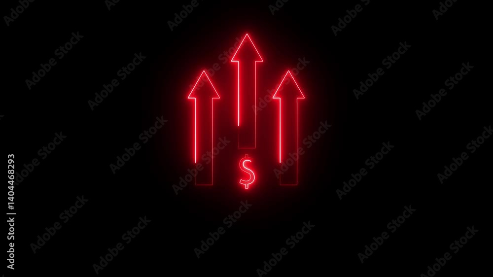 Poster glowing neon line of dollar sign icon and up arrow isolated on transparent background. arrow animati