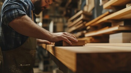 Carpenter designing a wooden shelf. Featuring custom furniture and interior design