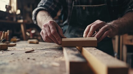 Carpenter designing a wooden shelf. Featuring custom furniture and interior design