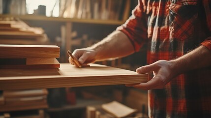 Carpenter designing a wooden shelf. Featuring custom furniture and interior design