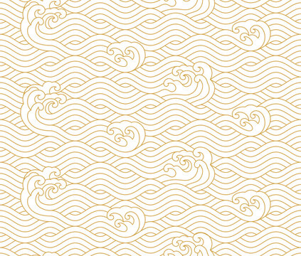 Seamless pattern design, Water wave in traditional oriental Japanese style. Modern elegant oriental illustration for cover, banner, website, decor, border.