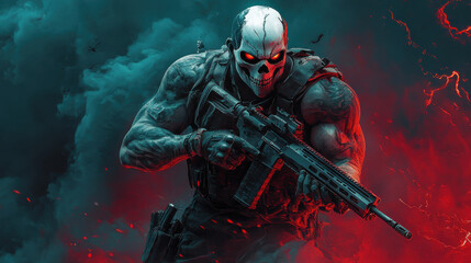 Skull-Masked Warrior with Glowing Eyes in a Nightmarish Battlefield