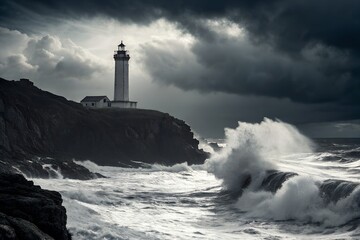 Dramatic Black and White Lighthouse with Stormy Sea and Crashing Waves