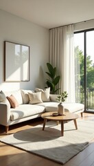 Bright, airy living space with minimalist furniture , light, grey