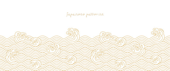 Japanese sea wave background vector. Seamless wallpaper design with gold and white ocean wave pattern backdrop. Modern luxury oriental illustration