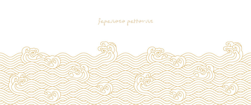 Japanese sea wave background vector. Seamless wallpaper design with gold and white ocean wave pattern backdrop. Modern luxury oriental illustration