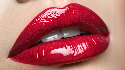Obraz premium Glossy red lips close-up with strong shine
