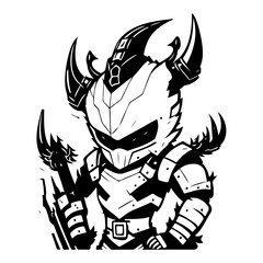 Illustrative armored character with menacing posture