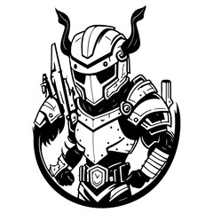 Naklejka premium Stylized Horned Warrior Illustration in Black&White