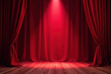 Rich red velvet drapes, single spotlight on empty stage , lighting, spot