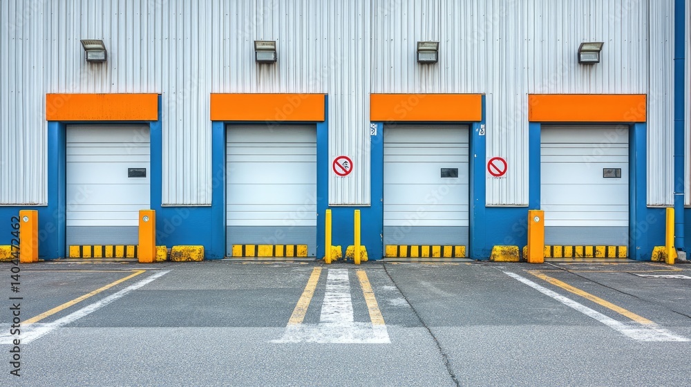Poster empty loading bays at port with painted markings and directional signs