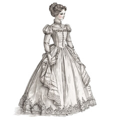Fototapeta premium Elegant Vintage Attire: A meticulously detailed illustration of a woman in a graceful vintage dress, showcasing the sophistication of historical fashion.