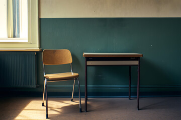 Empty modern classroom with chairs, desks and chalkboard.