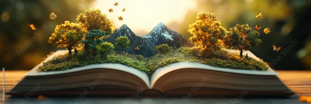 Poster transforming pages into a magical landscape of trees and mountains inviting readers into a world of 