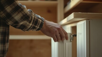 Carpenter installing kitchen cabinets. Featuring cabinet installation and kitchen work