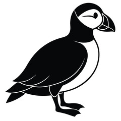 Black and White Vector Illustration of a Puffin Bird Standing Profile View, Simple Outline Design, Wildlife Art