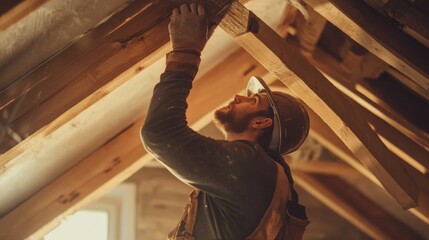 Carpenter installing wooden beams in a ceiling. Featuring structural installation and precision
