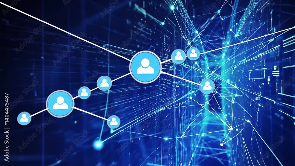 Poster abstract visualization of blue digital screens interconnected with data lines illustrating technolog