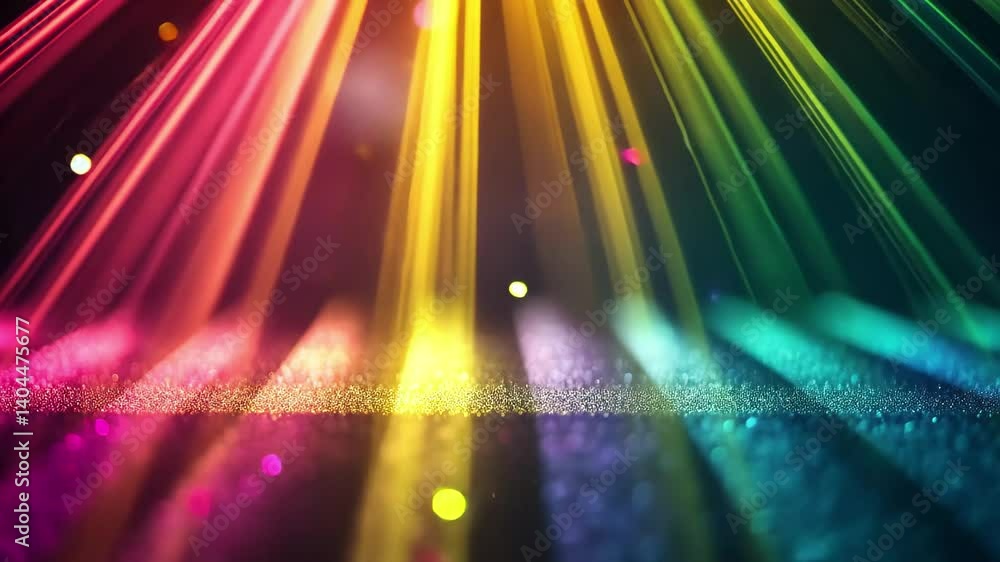 Poster vibrant light beams and sparkling particles create a mesmerizing atmosphere in a dark setting, color
