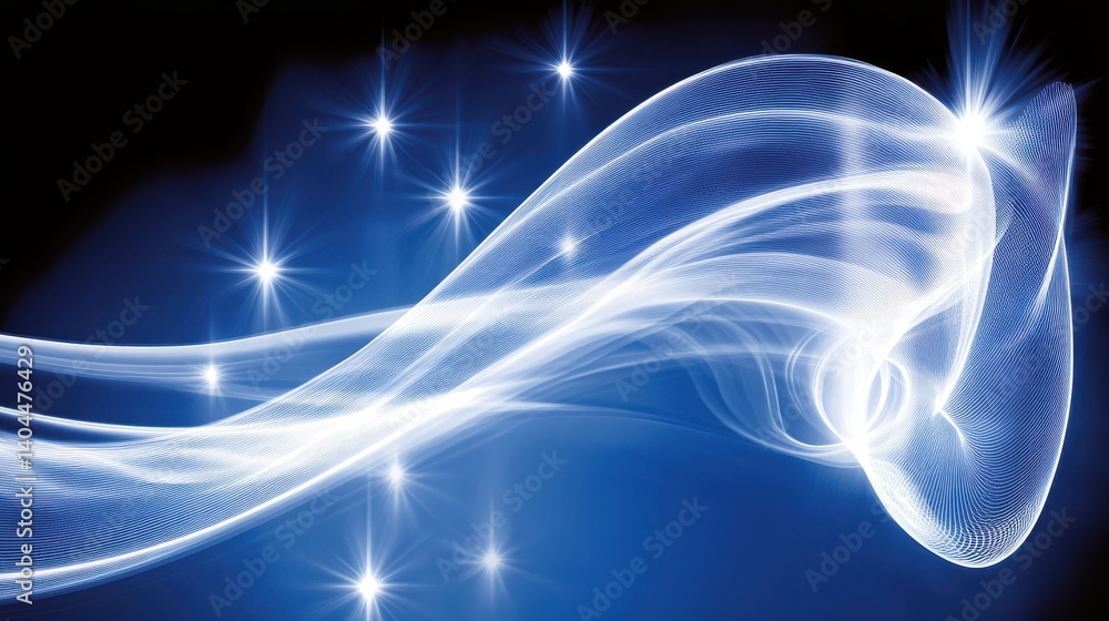 Aufkleber ethereal light waves with sparkling stars on a deep blue background for abstract and design projects